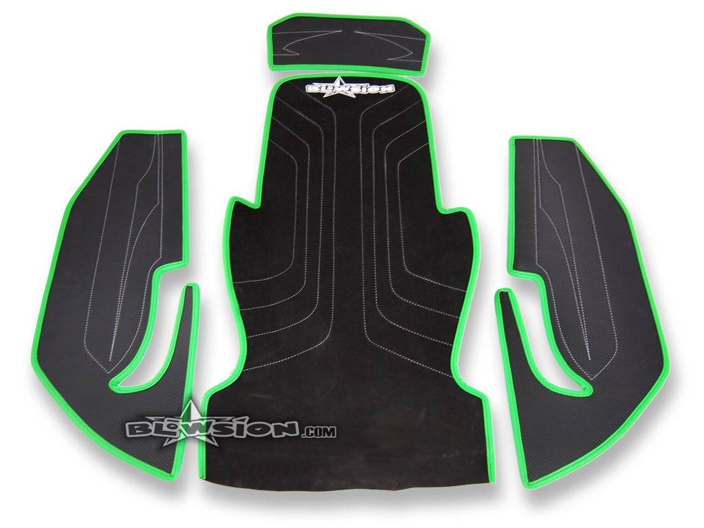 Mat Kit - Stitched - Kicker Footwells - SXR - Composite Rails - Bottom: Naugahyde Black - Sides/Dash: Carbon Black - Trim: Kawasaki Green